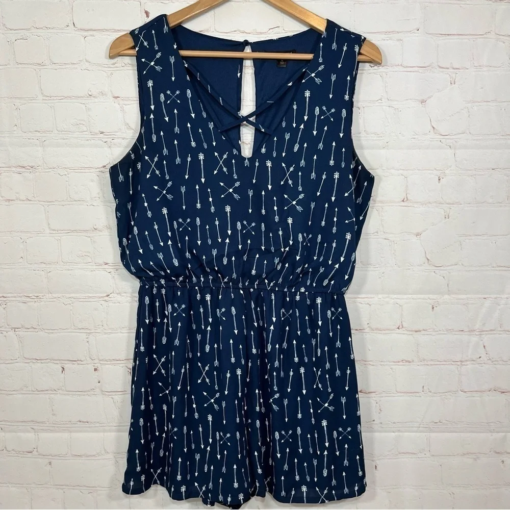 As u Wish Romper Womens Large Blue Tank Top Arrows Hearts V Neck Lined